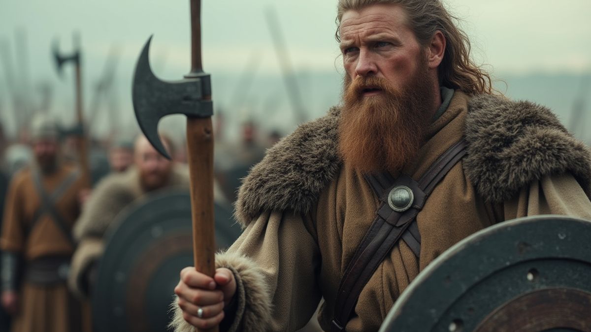 Viking warrior holding an axe on a battlefield.