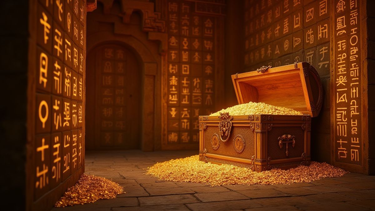 Una tumba egipcia con jeroglíficos luminosos y un cofre del tesoro.