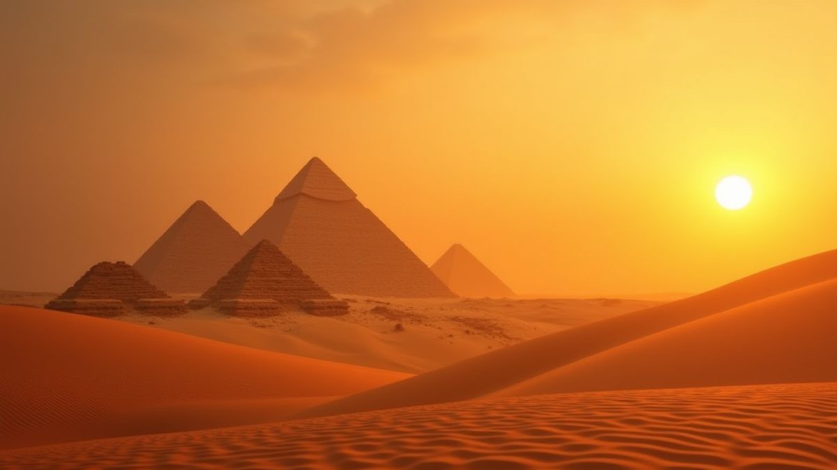 Un desierto egipcio con pirámides al fondo y un atardecer dorado.