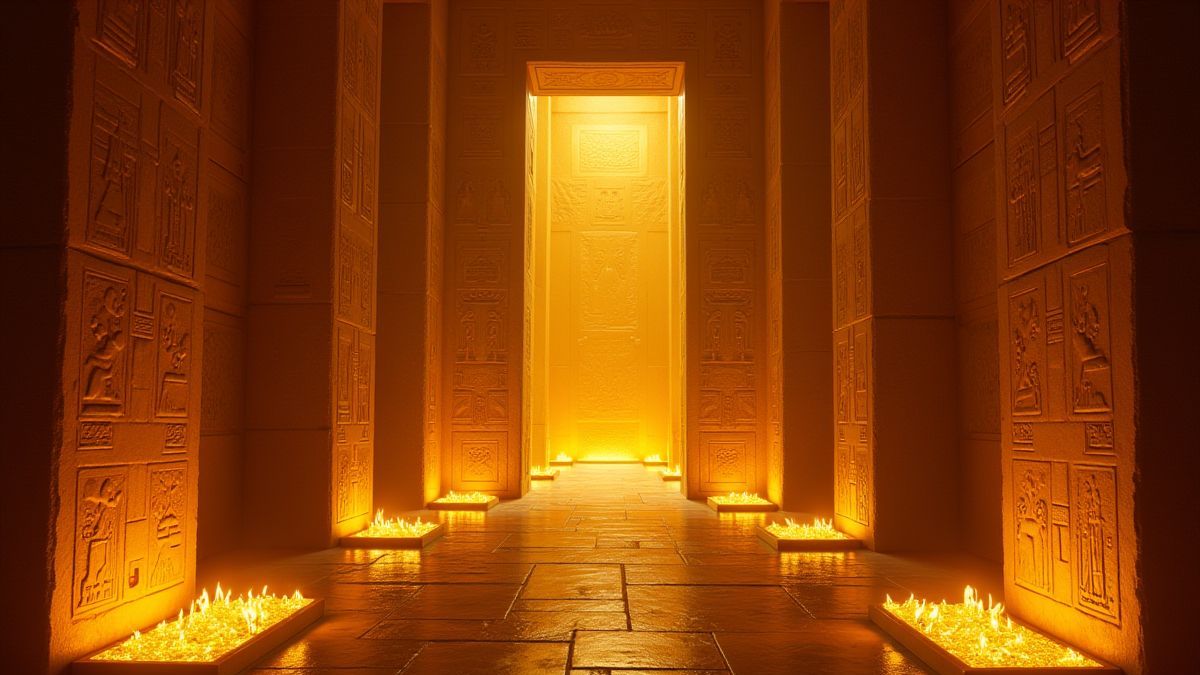 Interior of the Egyptian palace with shining treasures