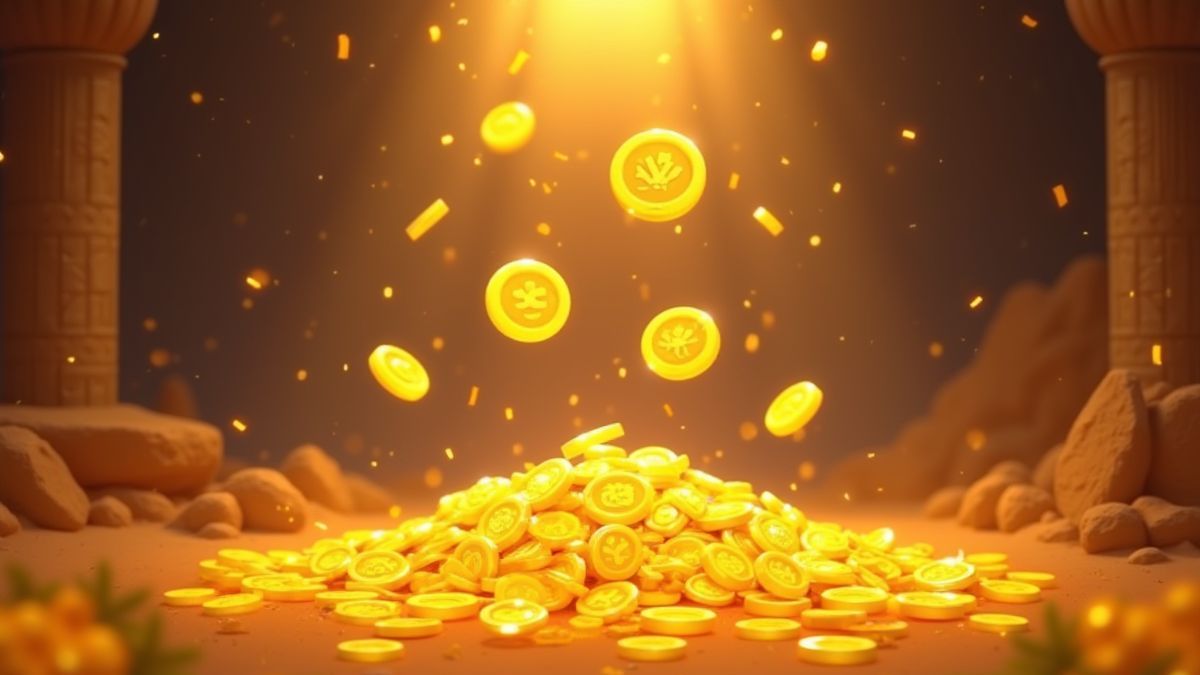 Coins and treasures falling with Egyptian symbols