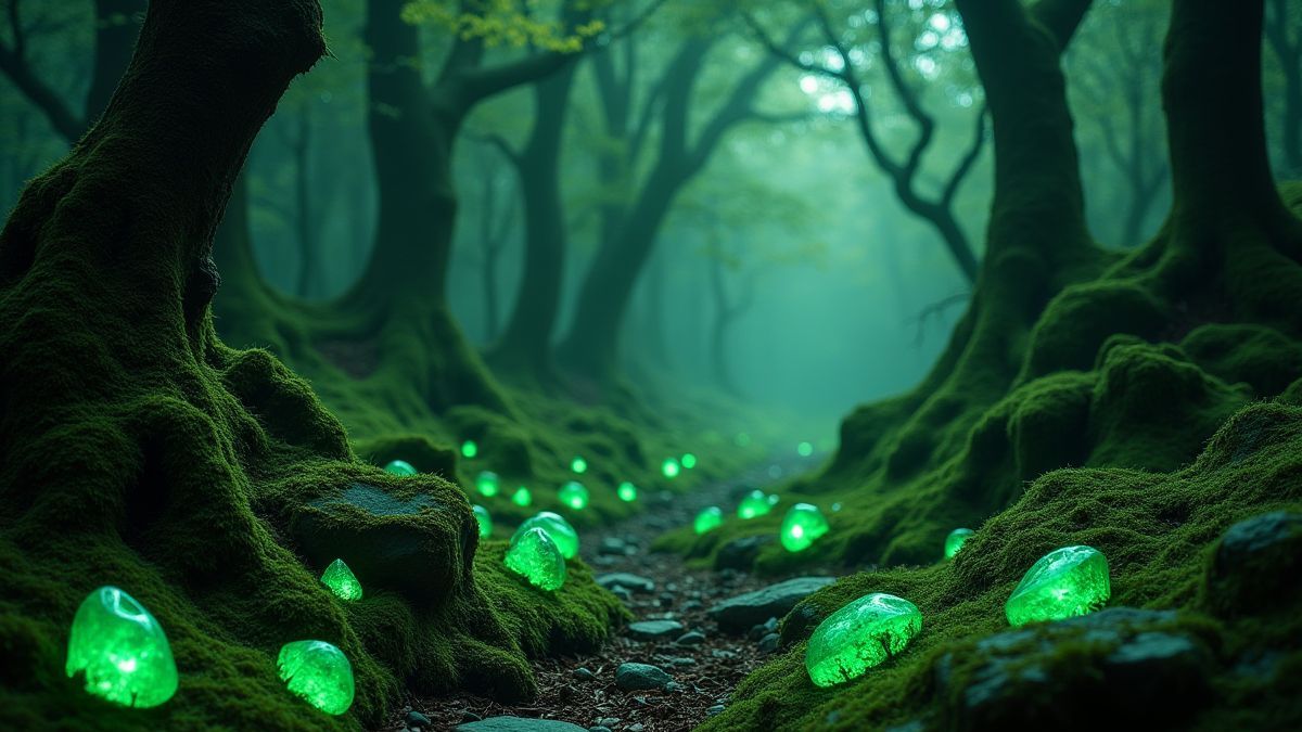 Floresta celta com esmeraldas brilhantes e pedras cobertas de musgo.