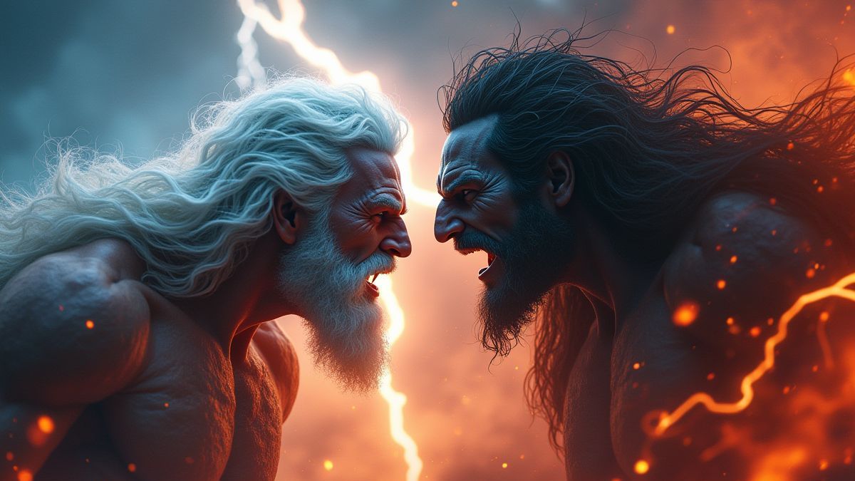 Zeus y Hades enfrentándose con rayos y fuego.
