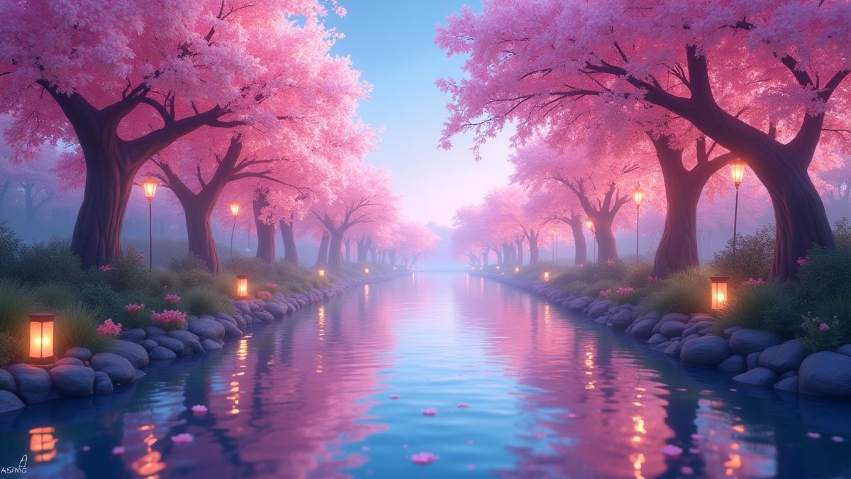 Un ruisseau tranquille entouré d'arbres de cerisier et de lanternes brillantes.