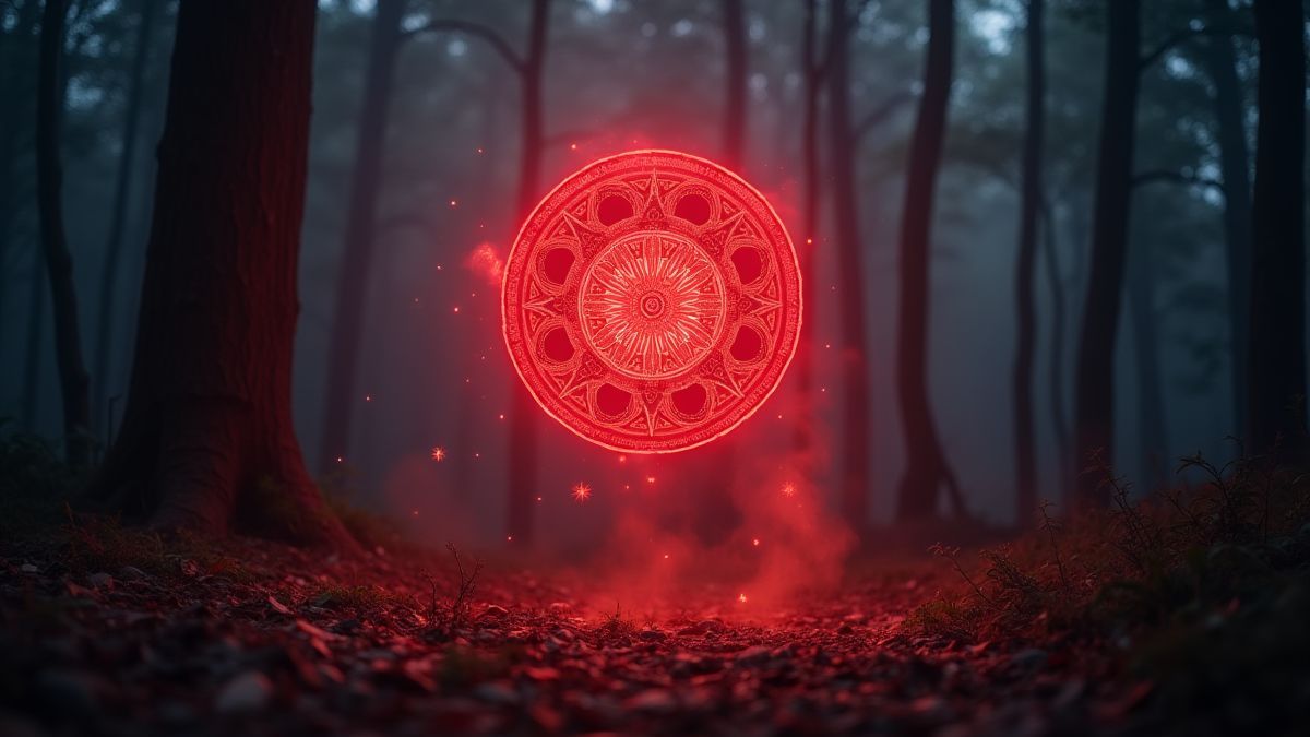 Un médaillon rouge brillant entouré de lumière mystique dans une forêt.