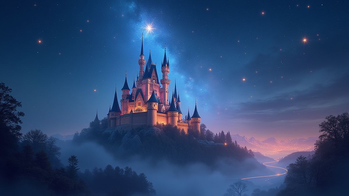 Un castillo mágico rodeado de estrellas brillantes.