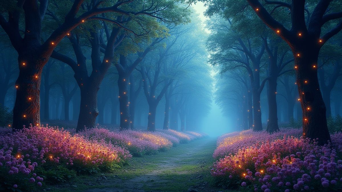 Un bosque mágico con luces brillantes y flores coloridas.