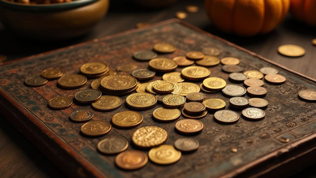Monedas y tesoros en una mesa asiática antigua.
