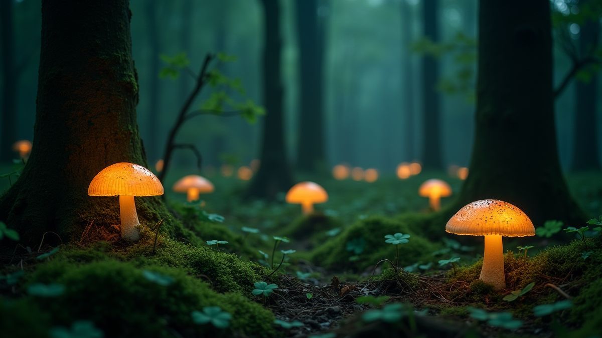 Ein verzauberter Wald mit leuchtenden Pilzen und Kleeblättern.