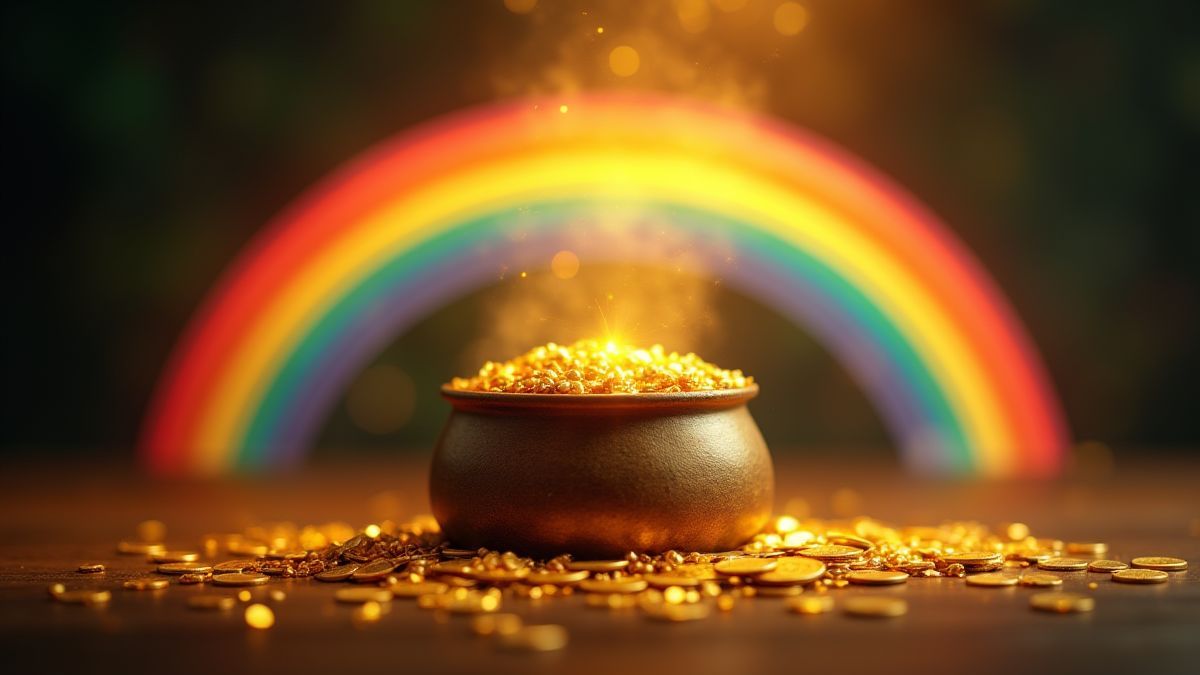 Ein Goldtopf, der überquillt mit goldenen Münzen unter einem leuchtenden Regenbogen.