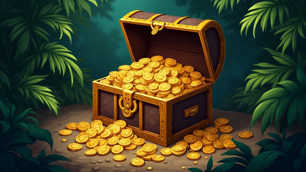Um cofre do tesouro Inca cheio de moedas e joias.