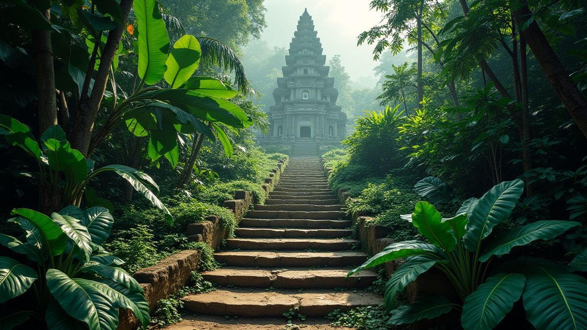 Uma escada de pedra antiga que leva a um templo escondido.