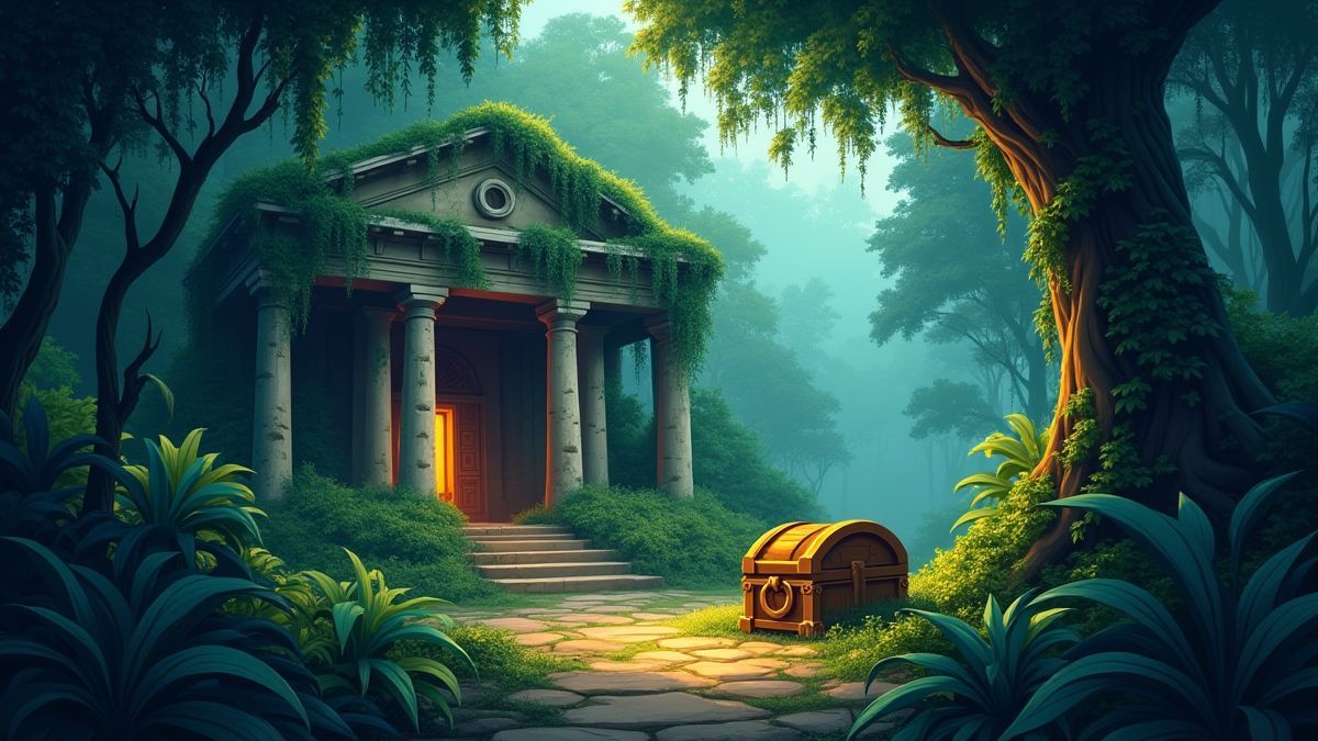 Oude ruïnes in een jungle met een glanzende schatkist.