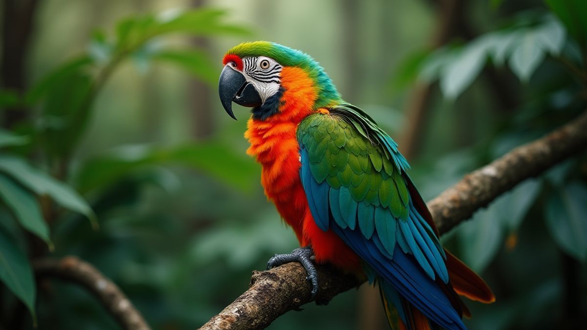 Een Amazonepapegaai op een tak temidden van het jungle-groen.