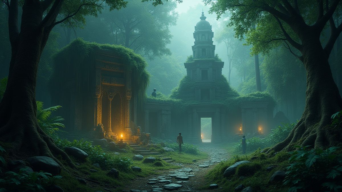 Una jungla misteriosa con ruinas antiguas y artefactos brillantes.