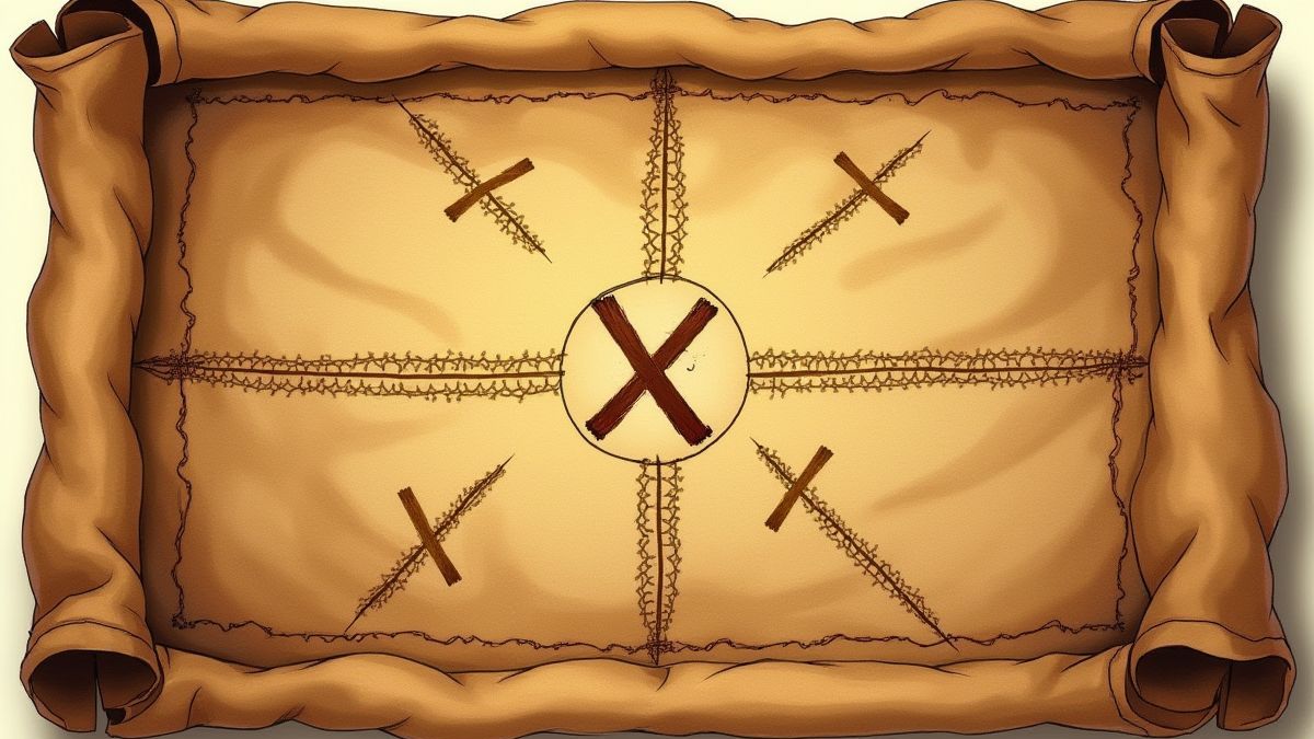 Un mapa del tesoro con caminos marcados y una 'X' indicando el tesoro escondido.