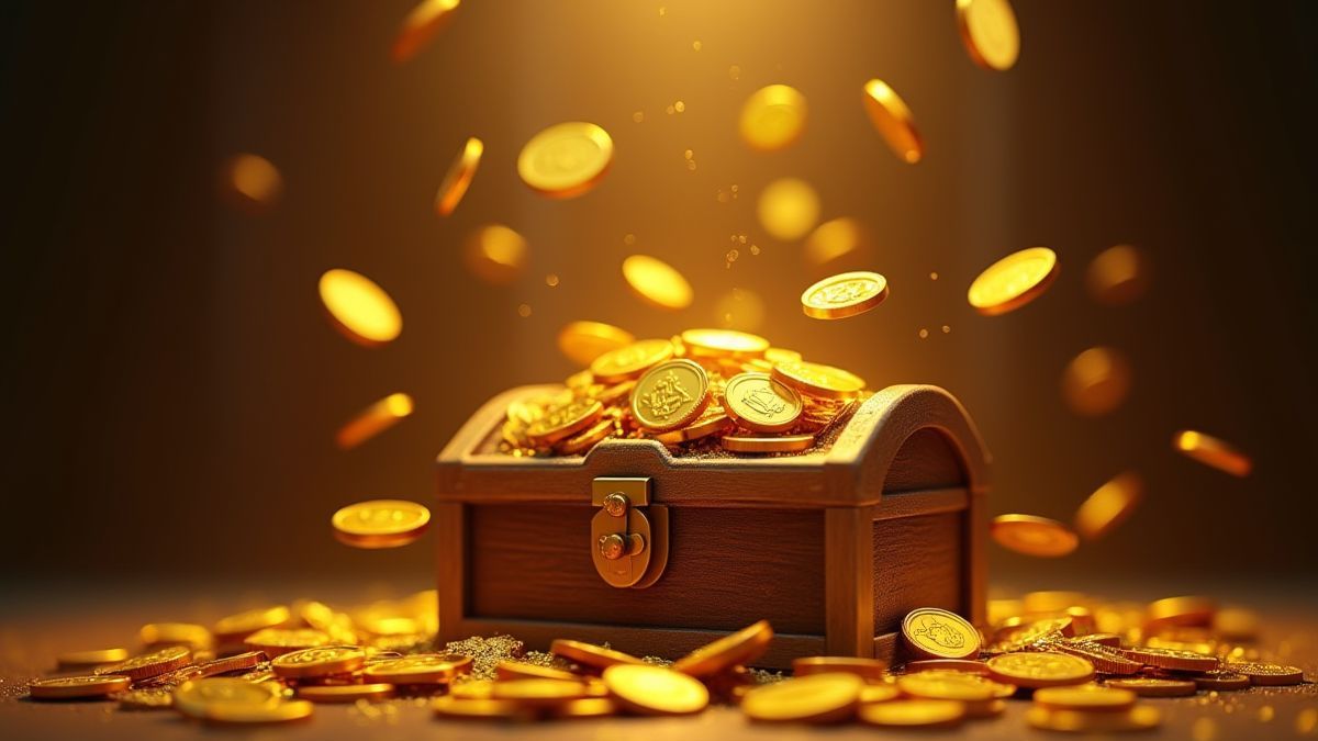 Monedas de oro cayendo de un cofre del tesoro.