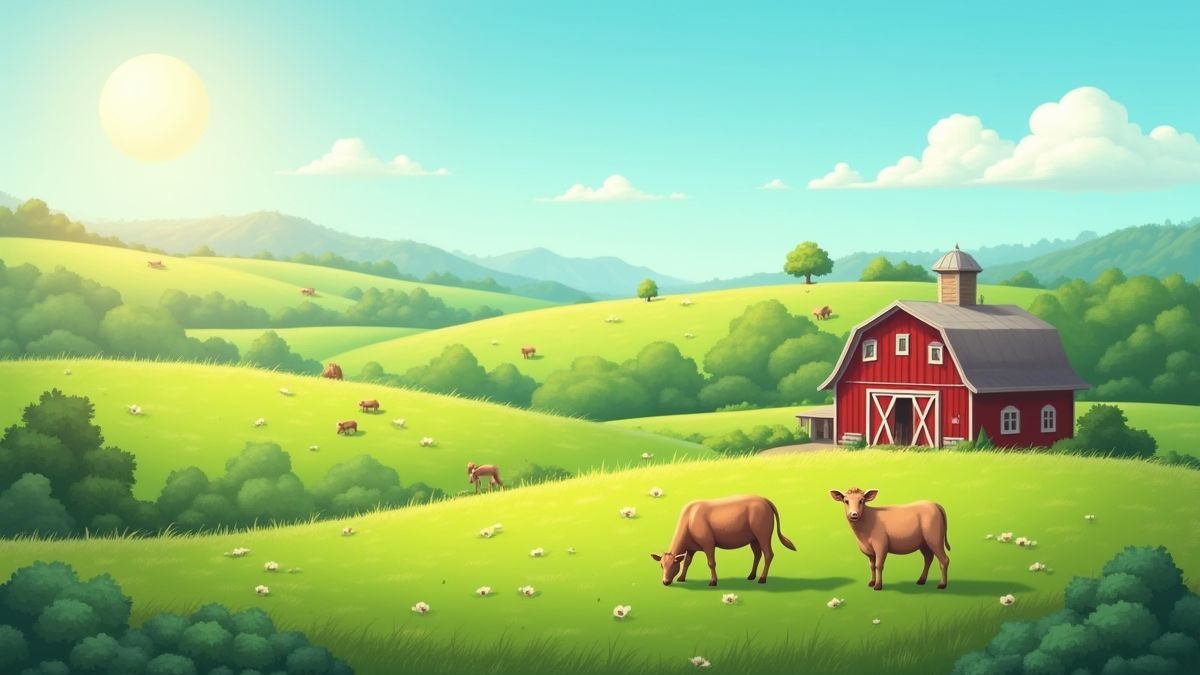 Landschap van een boerderij met dieren en een zonnige lucht