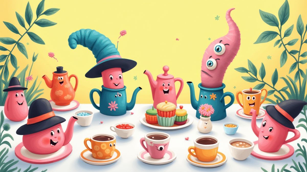 Mesa de chá extravagante com bules coloridos e chapéus enormes.