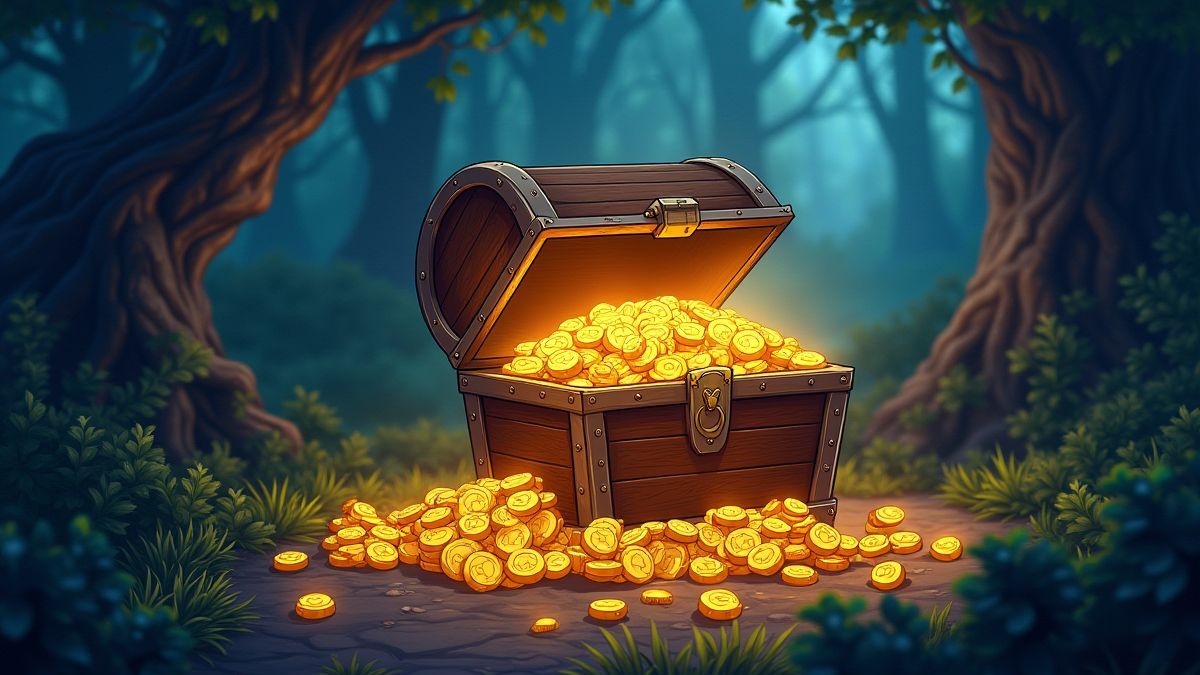Cofre do tesouro mágico com moedas brilhantes em uma floresta fantástica.