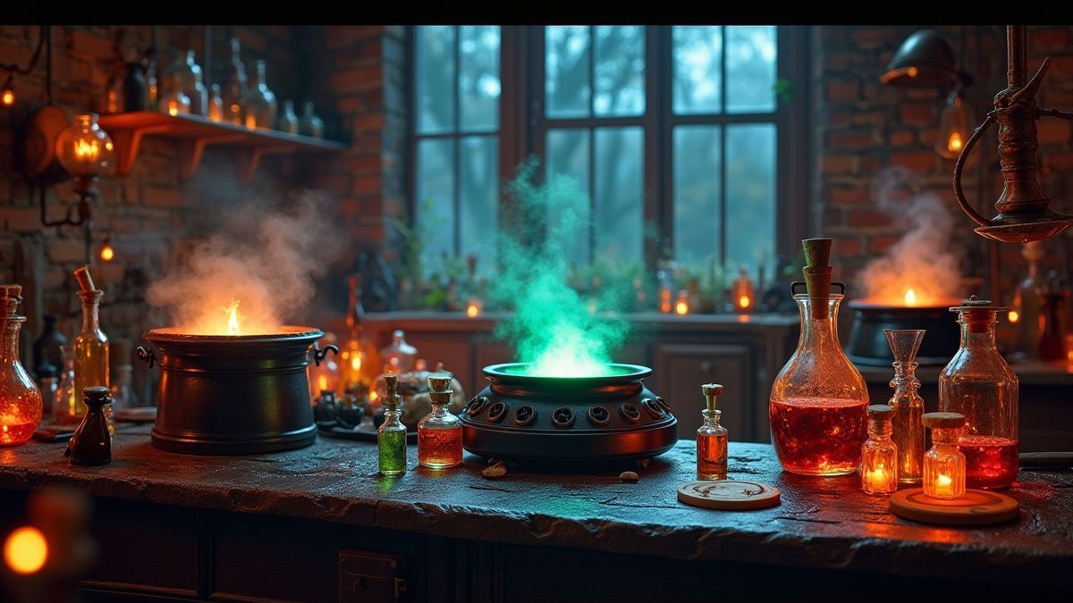 Laboratoire magique rempli de chaudrons et de potions brillantes.