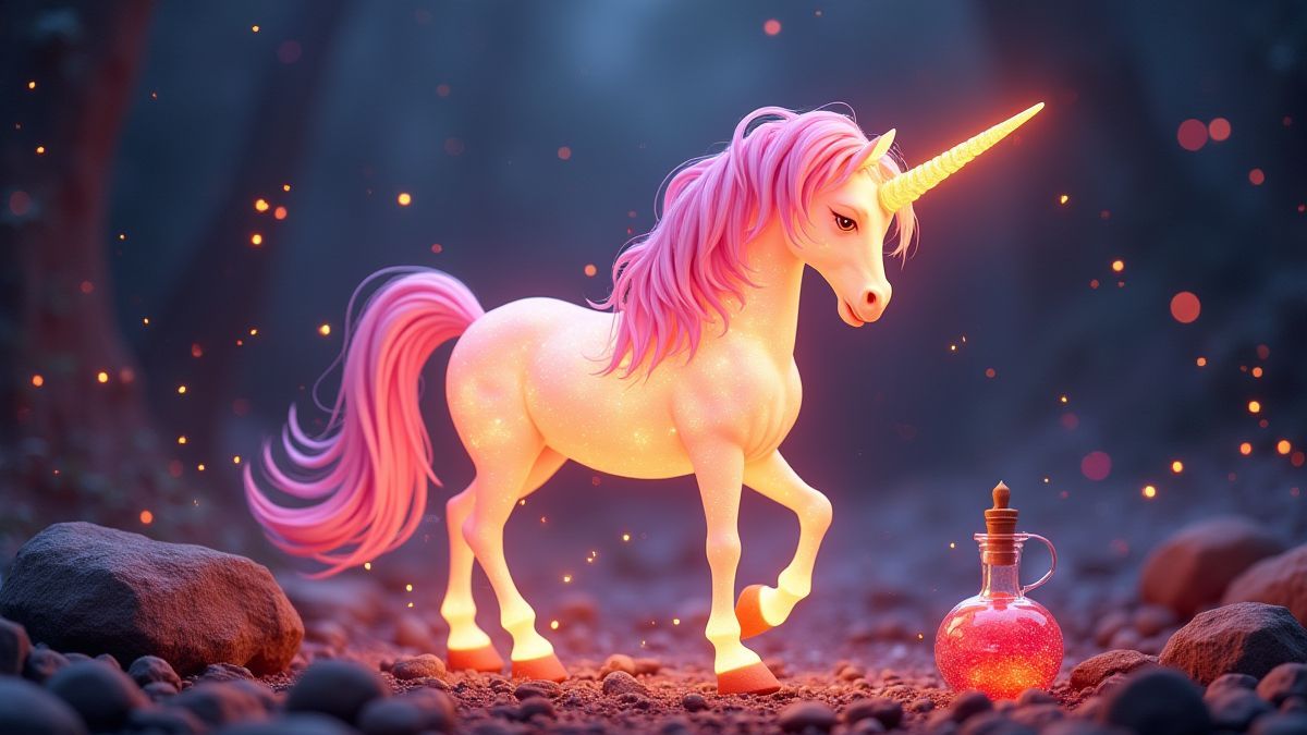 Un unicorn magique entouré de lumières et de potions.