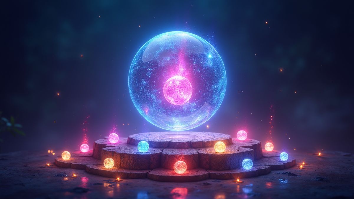 Un orbe mágico flotando en el centro de carretes brillantes y símbolos místicos.