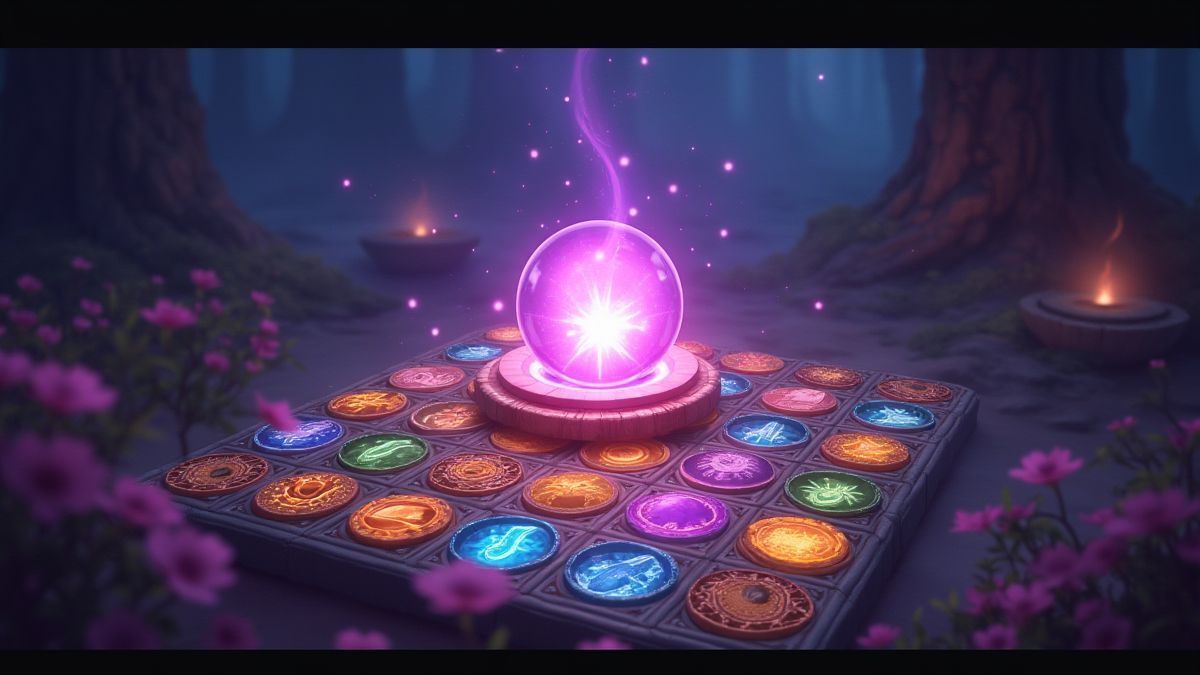 El orbe activando un multiplicador brillante y transformando símbolos en una cuadrícula mágica.