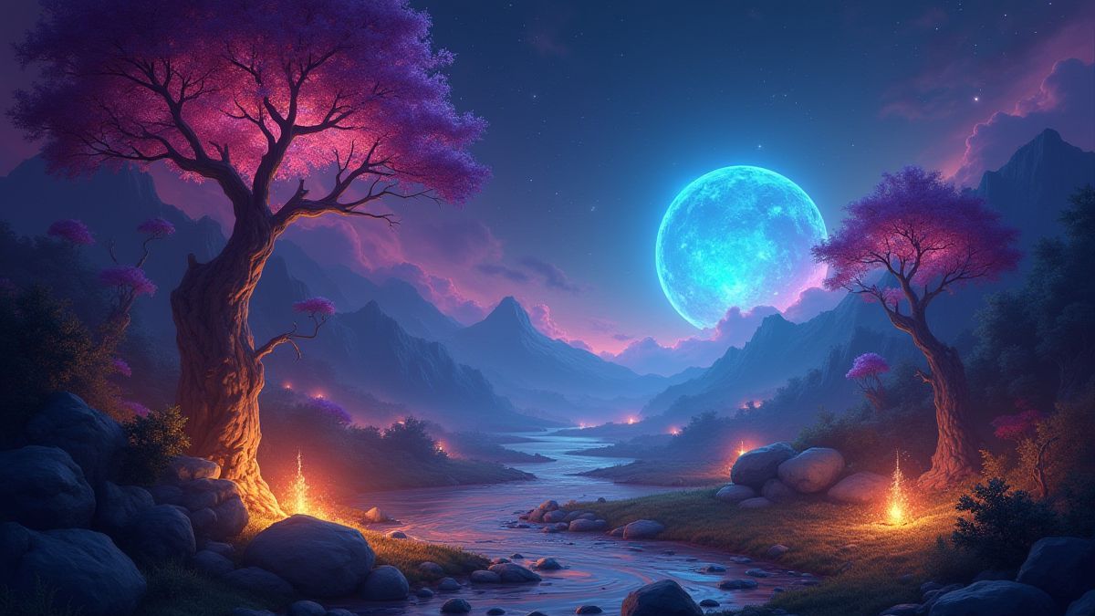 Un paisaje fantástico lleno de símbolos mágicos brillantes y carretes resplandecientes.