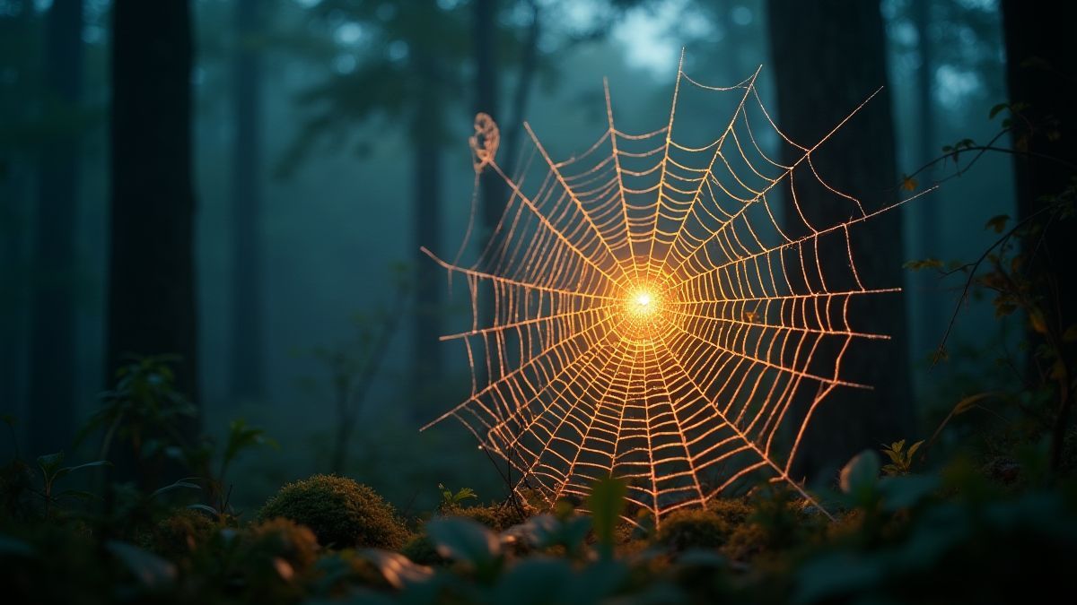 Una telaraña mágica brillando en un bosque místico.