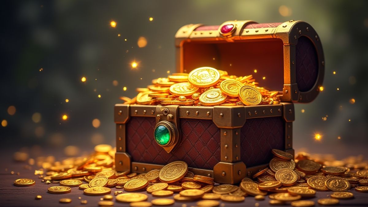 Un cofre del tesoro lleno de monedas de oro y gemas en un entorno mágico.