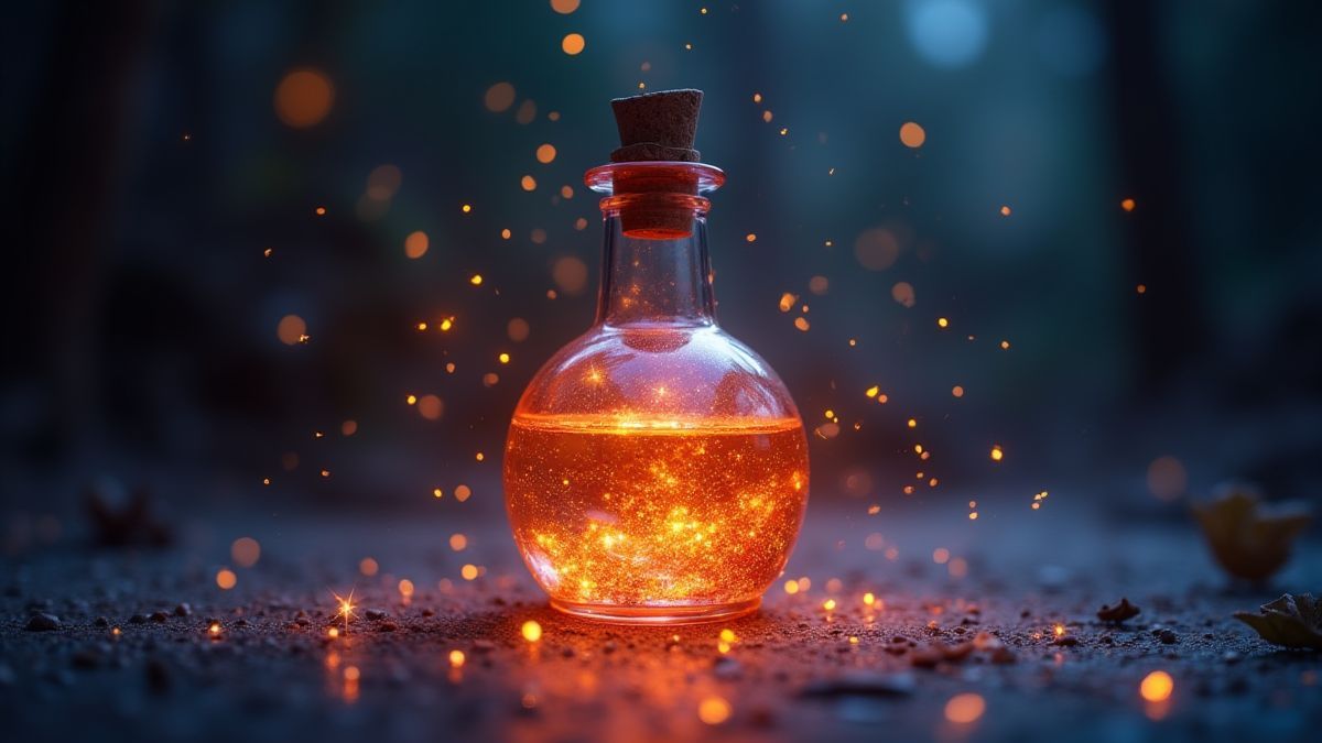 Una botella de pócima brillante rodeada de destellos mágicos en un entorno místico.