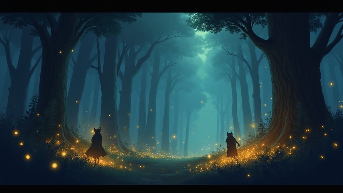 Bosque iluminado con luciérnagas y criaturas mágicas.