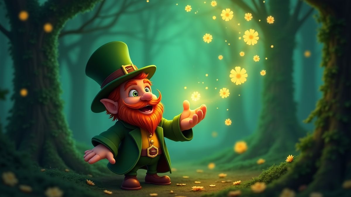 Un leprechaun mágico otorgando giros gratis en un bosque iluminado.