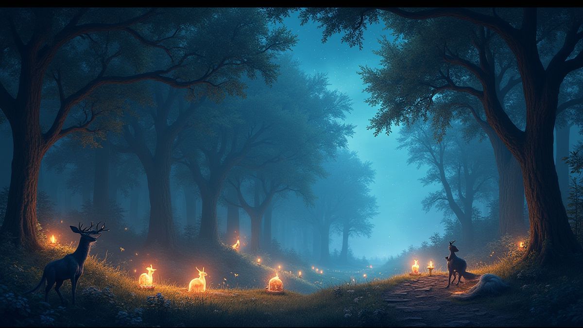 Enchanted forest under a starry sky.