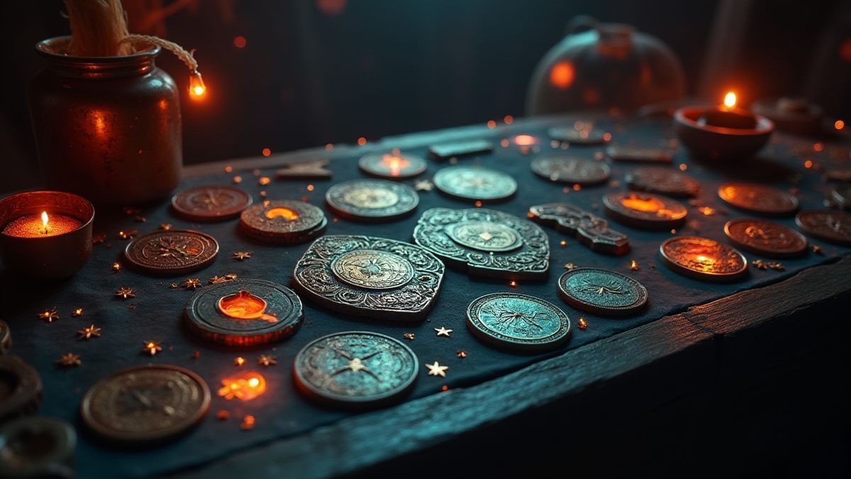 Magical table with coins and mystical symbols.