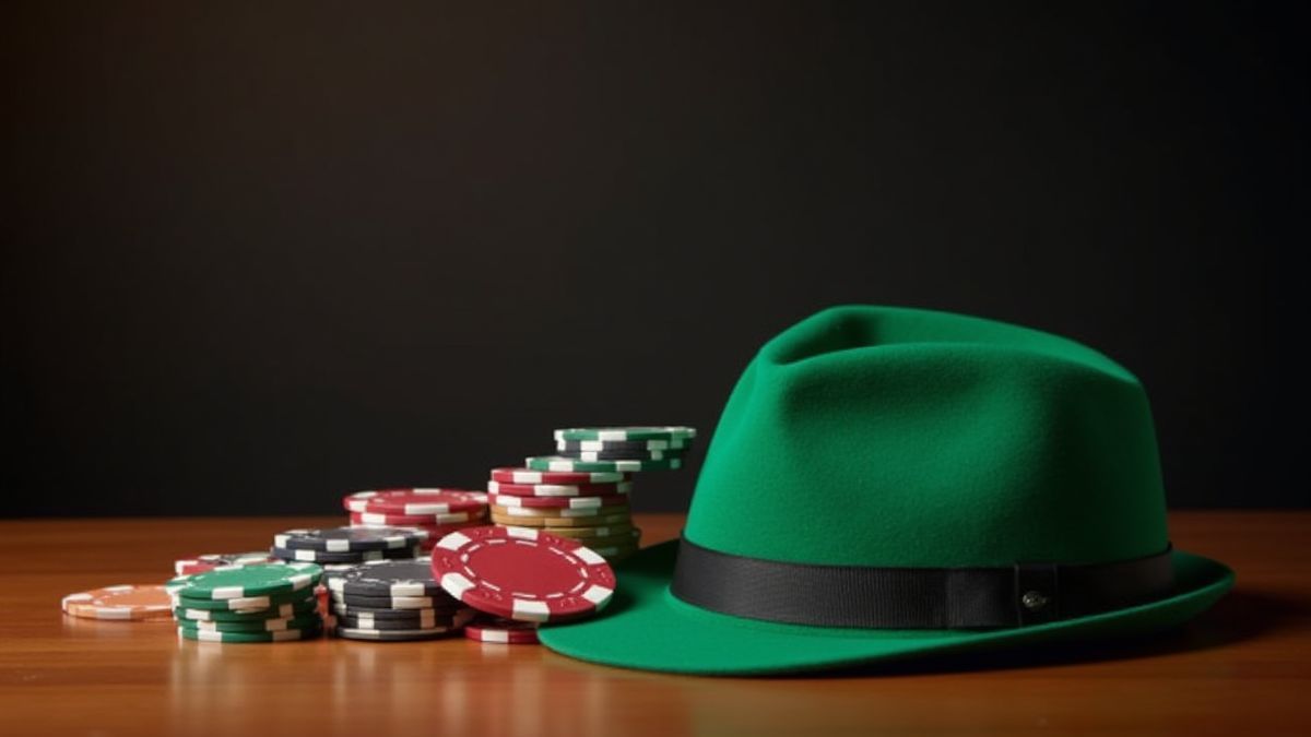 Fichas de casino y sombreros verdes dispuestos elegantemente sobre una mesa de madera.
