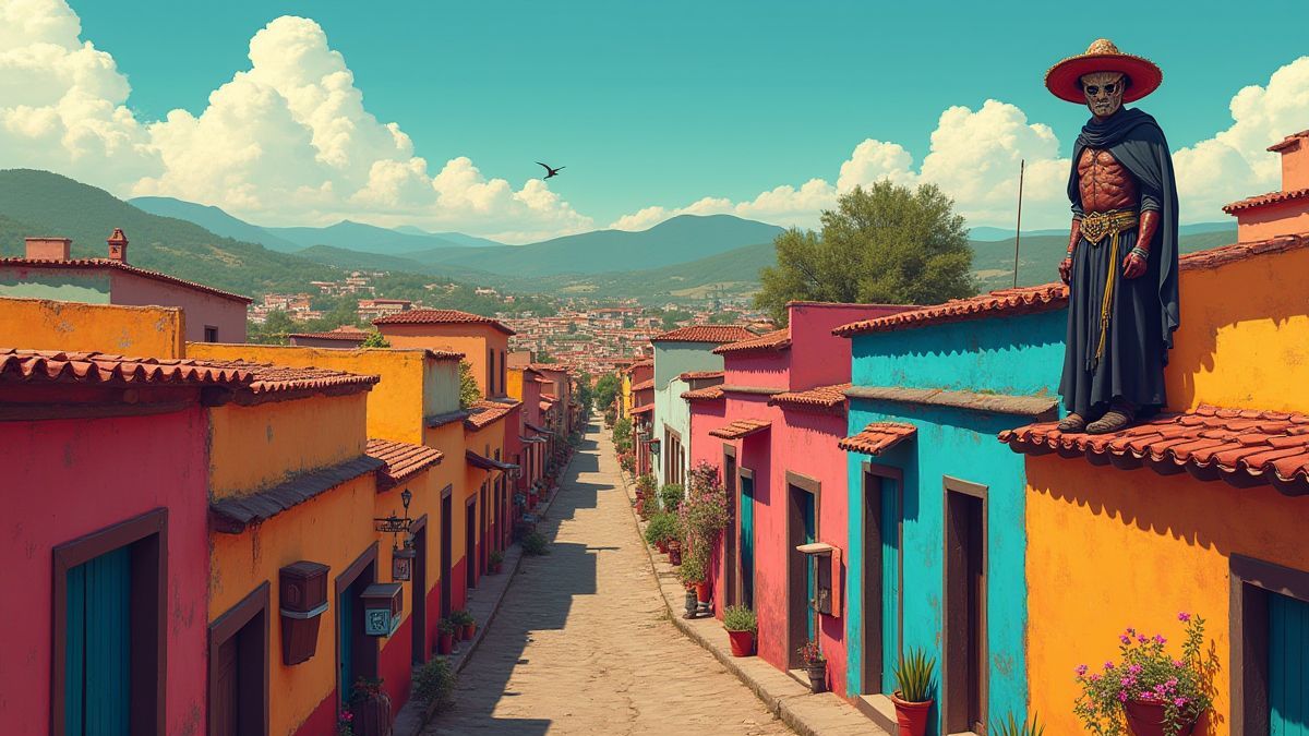 A vibrant Mexican town with a masked hero on a rooftop.