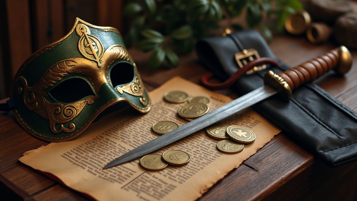 Table with coins, a mask, and a sword symbolizing adventure and treasure.