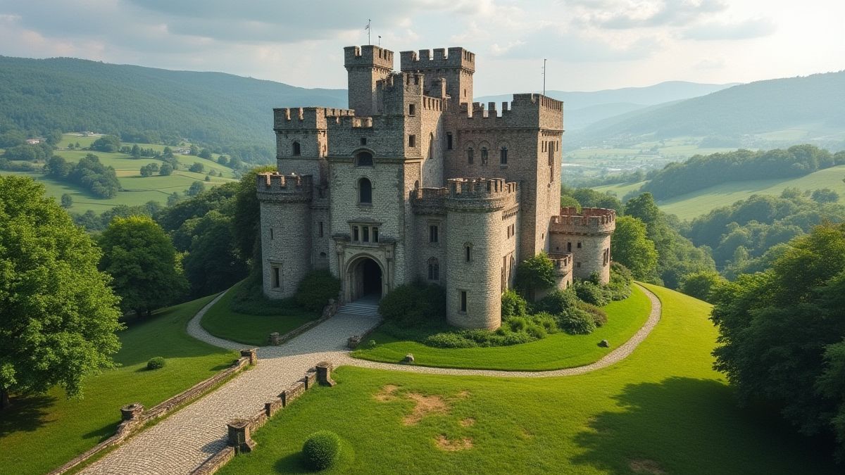 Um castelo medieval rodeado de campos verdes e caminhos de pedra.