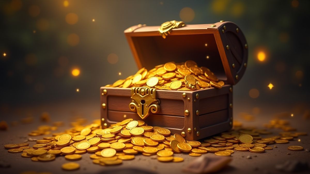 Moedas de ouro saindo de um baú do tesouro mágico.