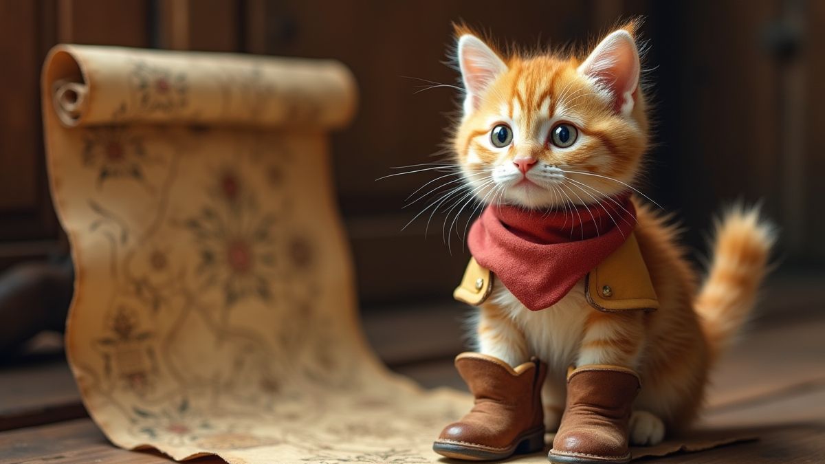Um gato astuto com botas ao lado de um mapa do tesouro.