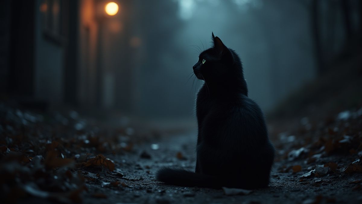 Un gato negro en un entorno misterioso y brillante.