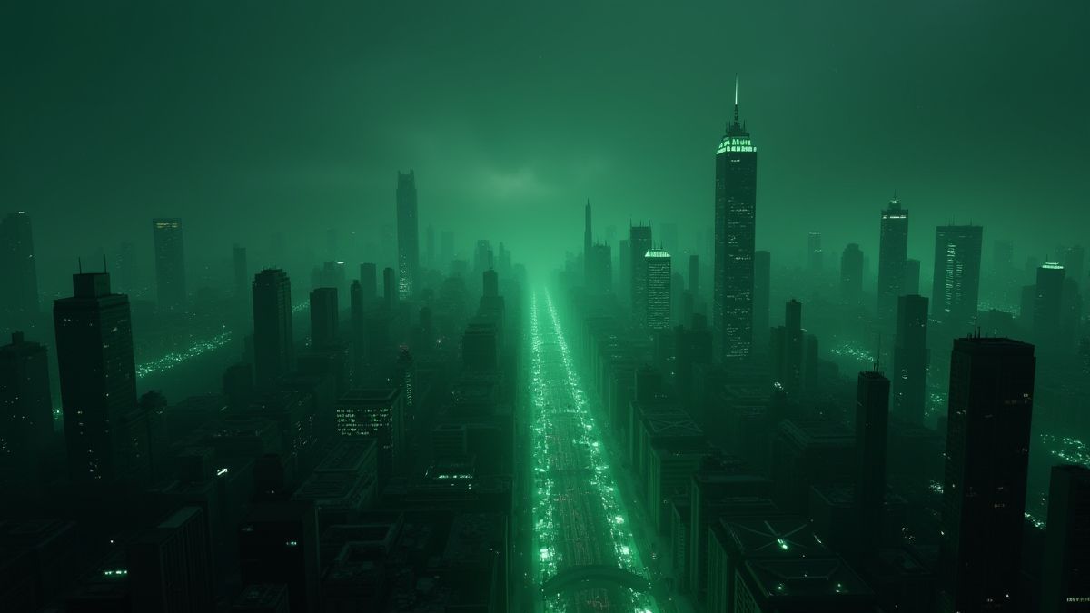 Una ciudad futurista con tonos oscuros y luces verdes brillantes.