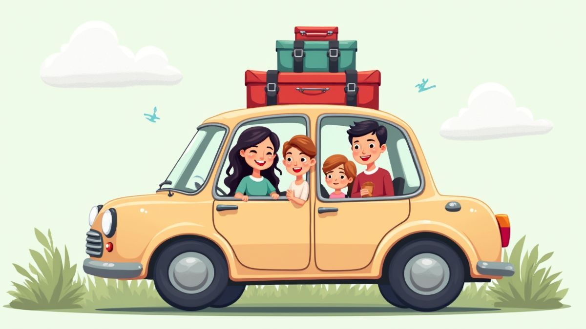 Familia en un coche con maletas en el techo, disfrutando de un viaje en carretera.