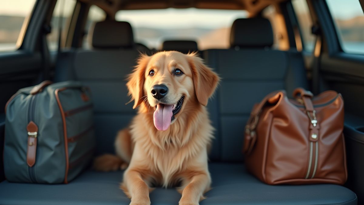 Perro alegre sentado en el asiento trasero de un coche rodeado de bolsas de viaje.