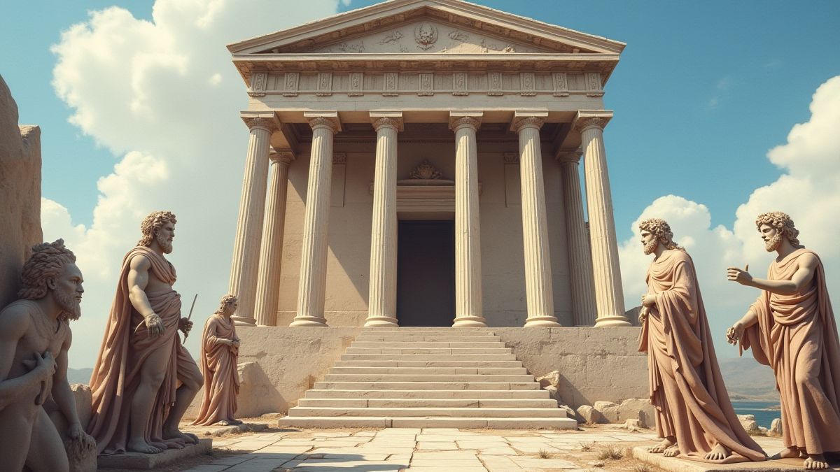 Griechischer Marmortempel mit mythischen Charakteren.