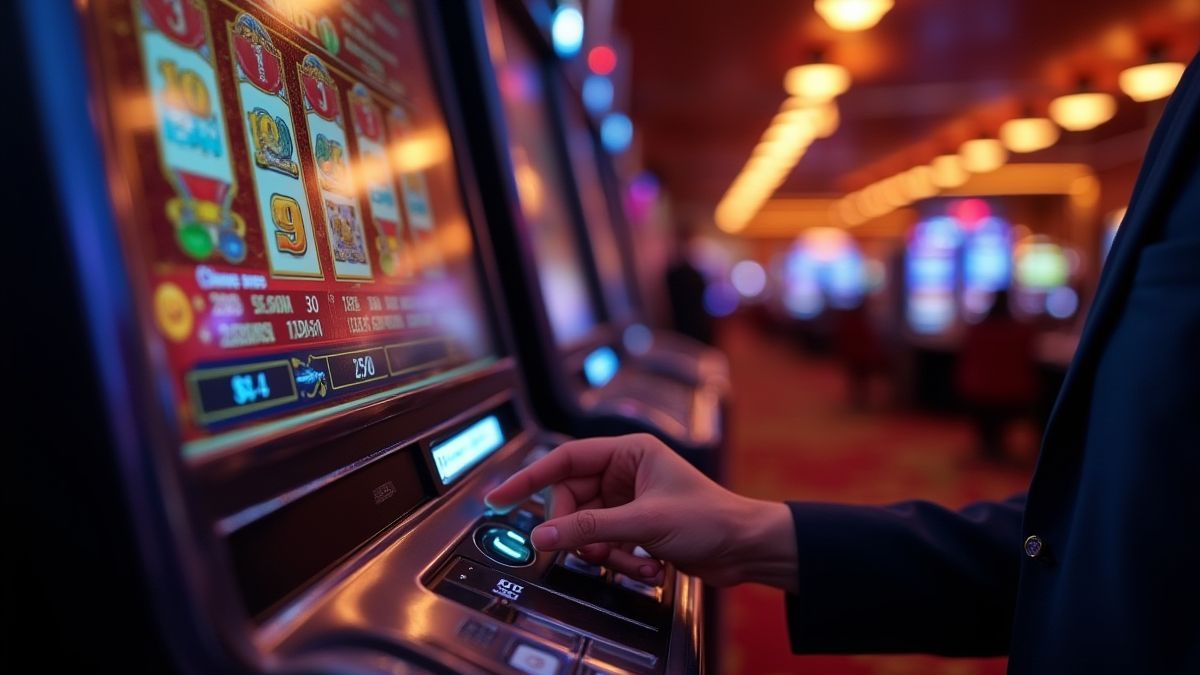 Spieler, der Wetten an einem Spielautomaten anpasst.
