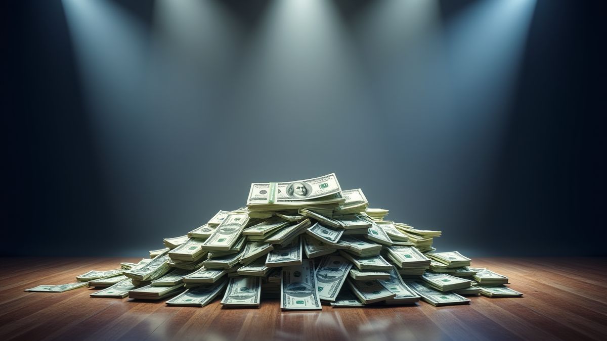 Pilas de dinero animadas en un escenario iluminado.