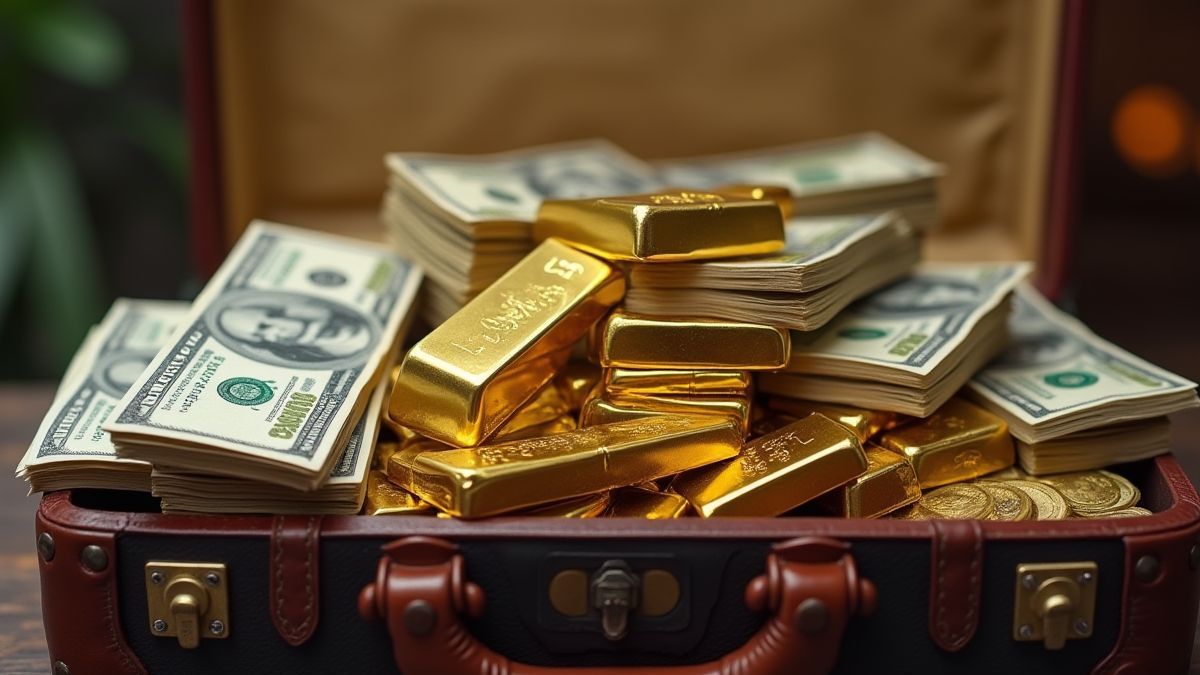 Un maletín lleno de billetes y lingotes de oro.